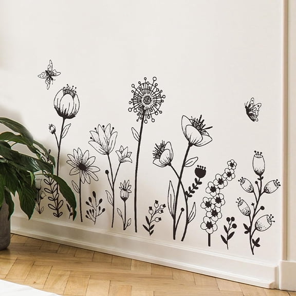 Simple Boho Black Flower Wall Decals - Modern Floral Wildflower Wall Art Stickers for Bedrooms, Living Rooms & Offices