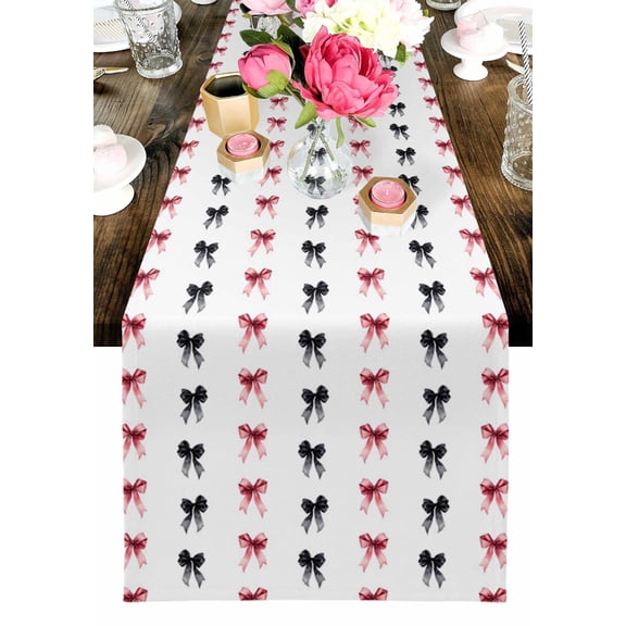 Simple Bows Table Runner, Black Bow Pink Bow White Background Washable Cotton-linen Table Runners Dining Kitchen Decoration for Everyday Home Wedding Party Decor, 13 x 36 Inch