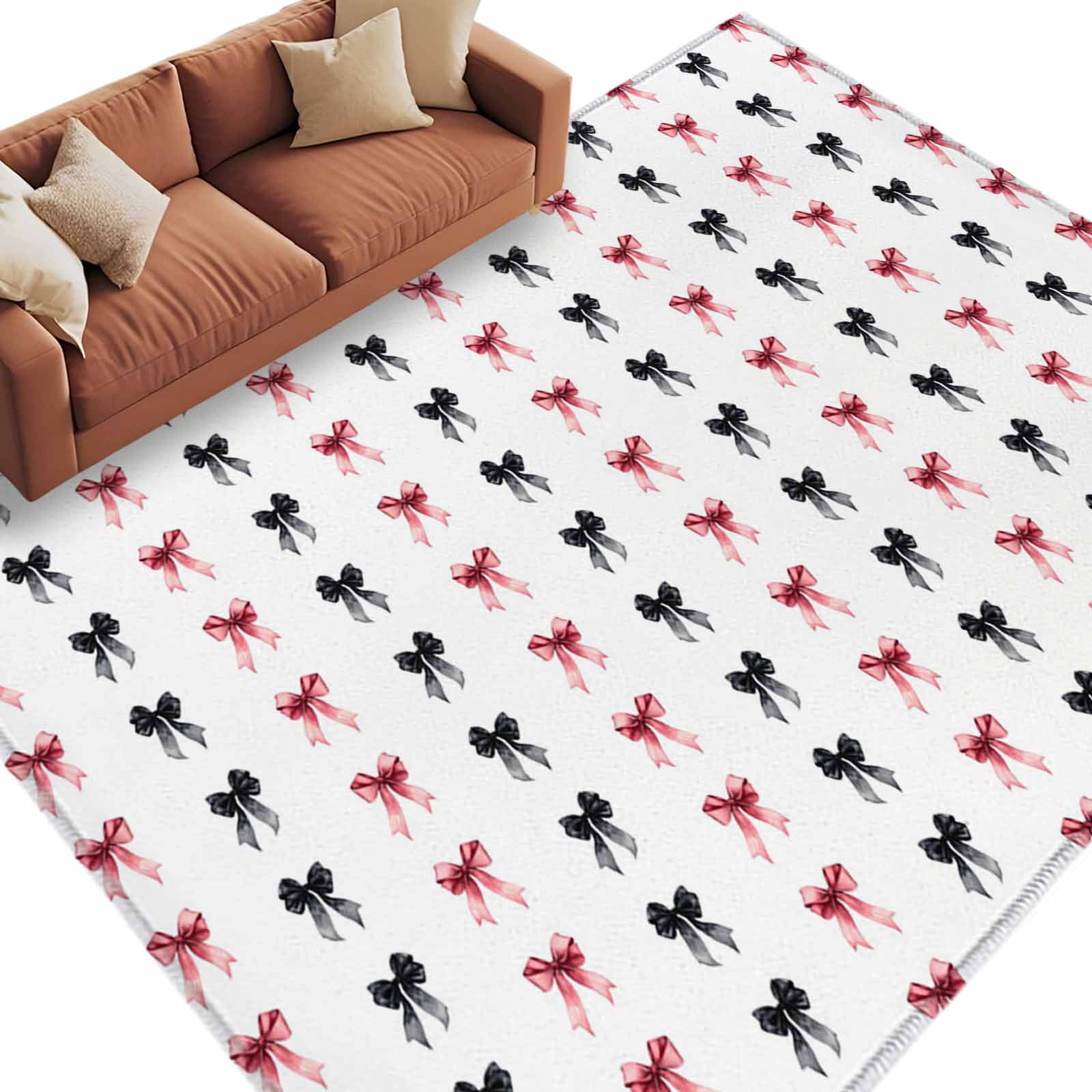 Simple Bows Washable Area Rug 5 x 8 ft Black Bow Pink Bow White ...