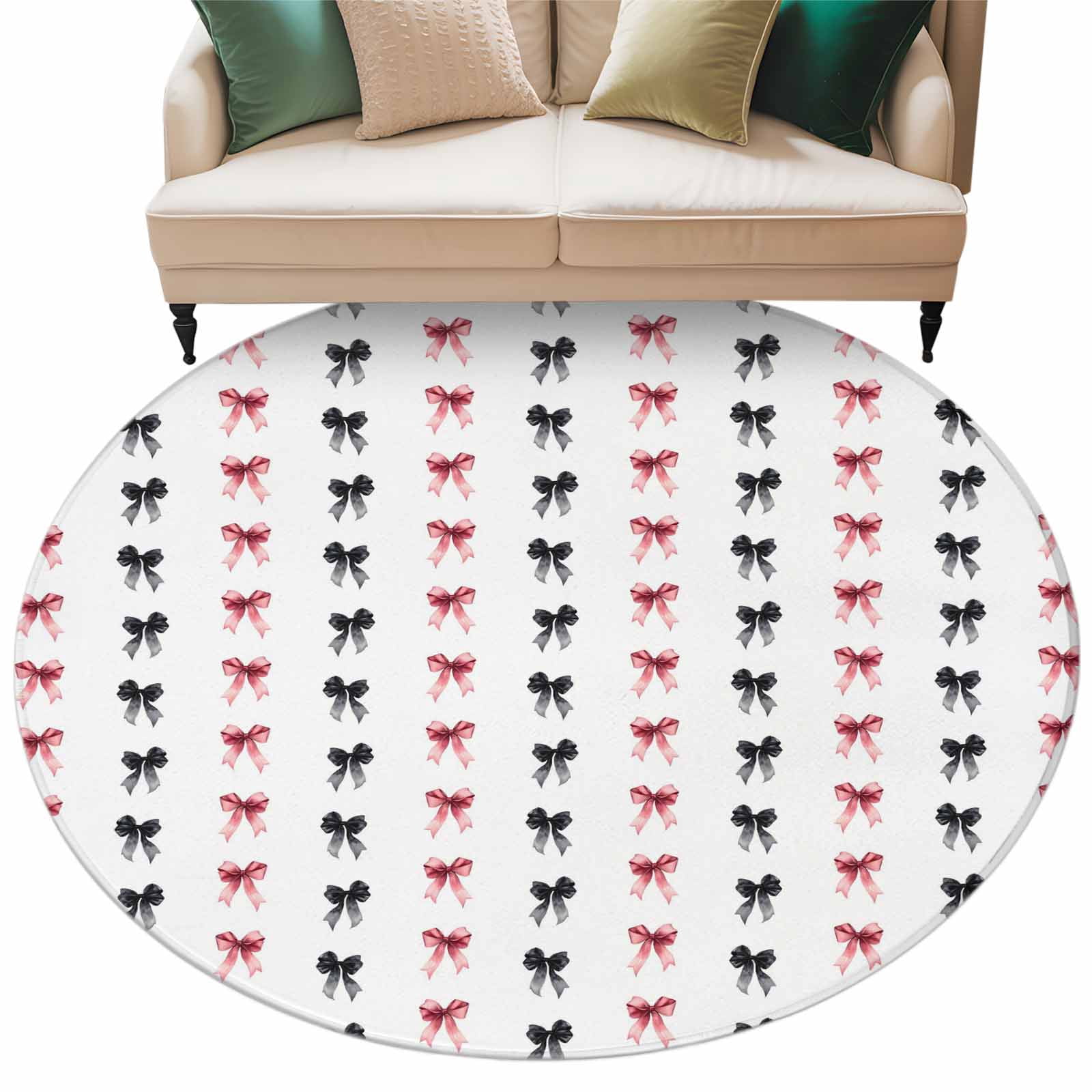 Simple Bows Washable Round Area Rug 7 ft, Black Bow Pink Bow White ...