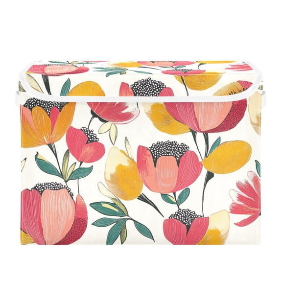 Simple Bright Flowers Large Storage Bins with Linen Collapsible Lid Storage Box 16.7 x 12.6 x 11.8in