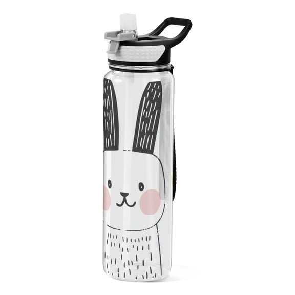 Simple Bunny Sketch 1000ml Tritan Sport Bottle Straw LeakProof Food-Grade Portable Wide Handle