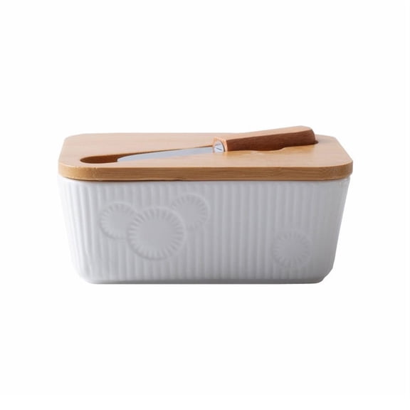 Simple Butter Box Pure White Embossed Ceramic Butter Dish with Knife and Wooden Lid Cheese Bowl