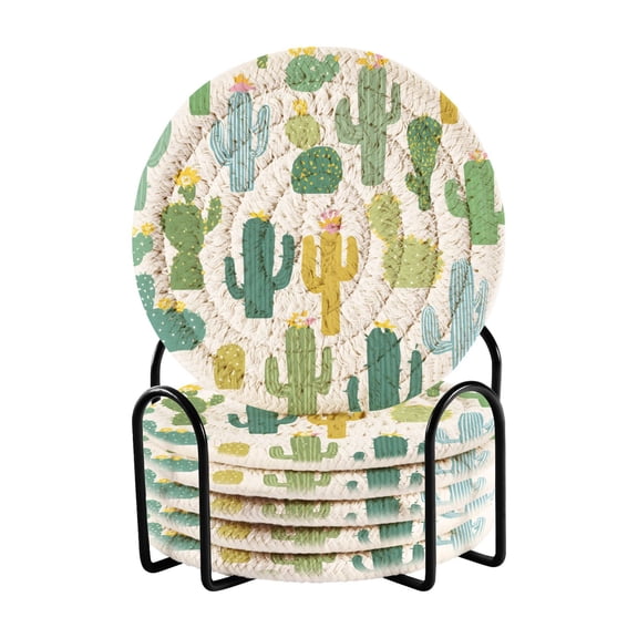 Simple Cactus Cute Drinking Coasters Cup Mat with Holder for Kitchen Cafe Bar 6 Packs