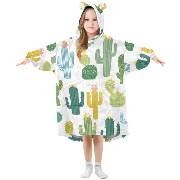 Simple Cactus Cute Flannel Wearable Blankets Hooded Design Long Sleeves Wrap Unisex for 3T-14Y S