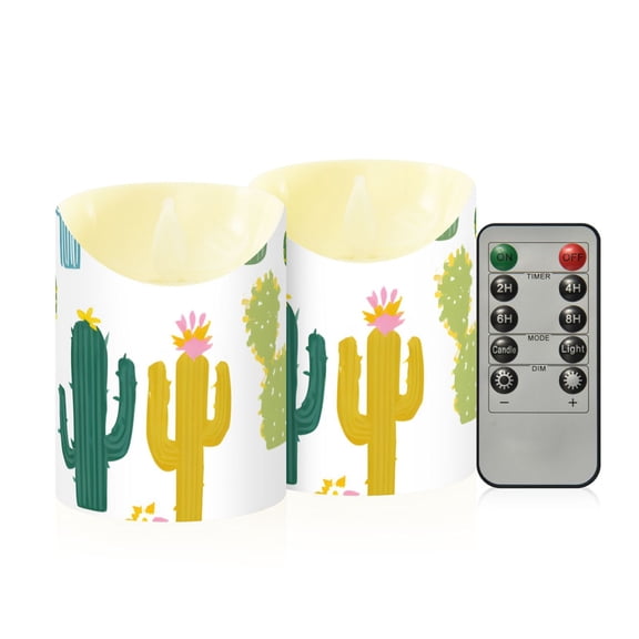 Simple Cactus Cute Flickering Flameless Candles with Remote Timer Battery Operated LED Tealight Set of 2 S