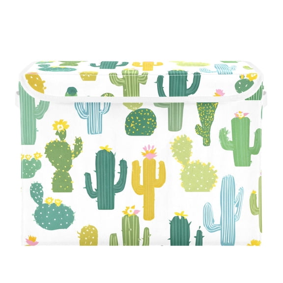 Simple Cactus Cute Foldable Storage Bin with Lid and Handle Collapsible Storage Box 16.5 x 12.6 x 11.8 inches