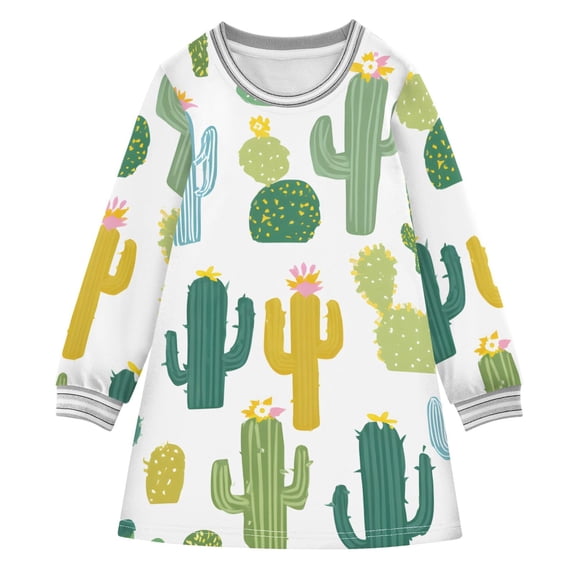 Simple Cactus Cute Long-sleeved Dress A-line One-Piece Dress for 2-8 Years Casual Party 2T