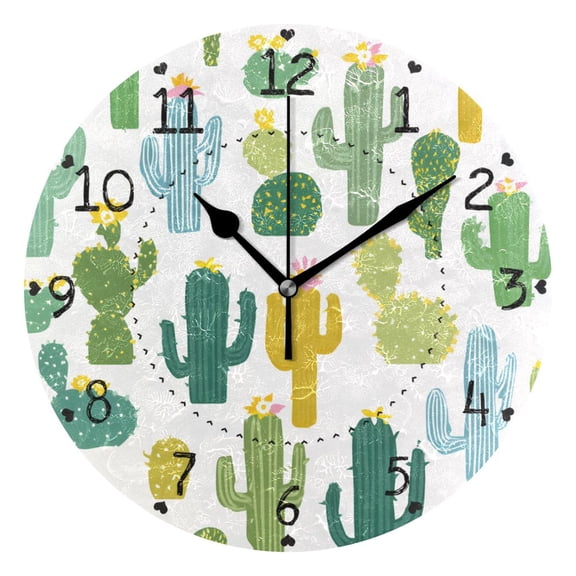 Simple Cactus Cute Round Wall Clock Silent Analog Battery Operated Black Pointer Home Decor 9.84" Diameter