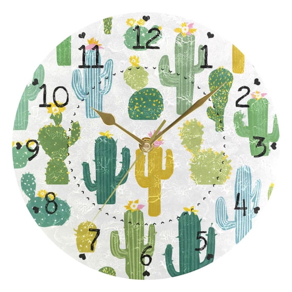 Simple Cactus Cute Round Wall Clock Silent Analog Battery Operated Gold Pointer Home Decor 9.84" Diameter
