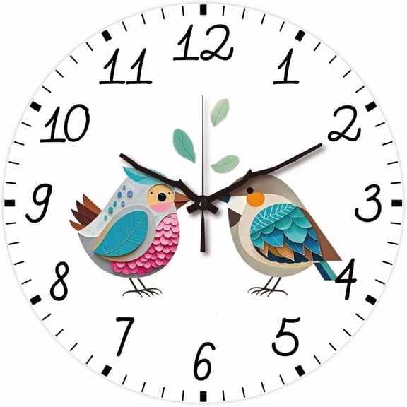 Simple Cartoon Bird Pattern Wall Clock 12 Inch Non-Ticking Clocks Round Wall Hanging Clock Battery Operated for Bedroom Living Room Kitchen Office Colorful