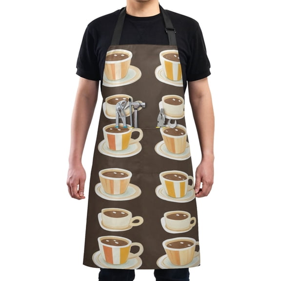 Simple Cartoon Coffee Chef Kitchen Apron with Pockets for Women Waterproof Aprons for Cooking Baking