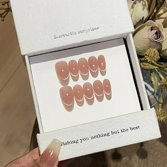 Simple Cat Eye Handmade Press on Nails for Women Pretty Cute French Tip Medium Oval Pink Fake Nails