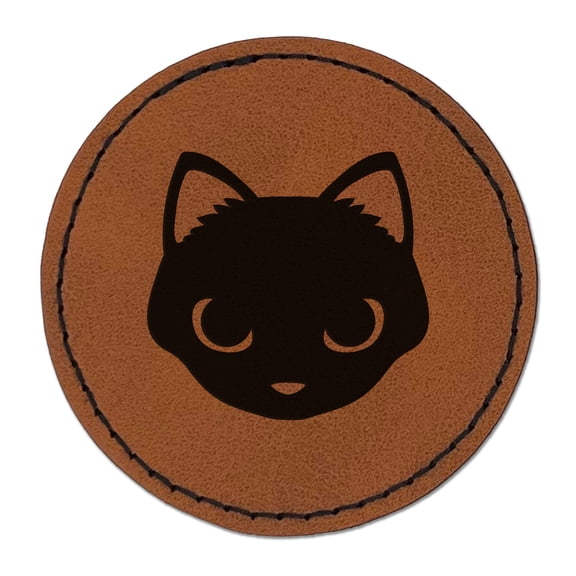 Simple Cat Head Icon 2.5" Faux Leather Round Engraved Iron-On Patch - Brown