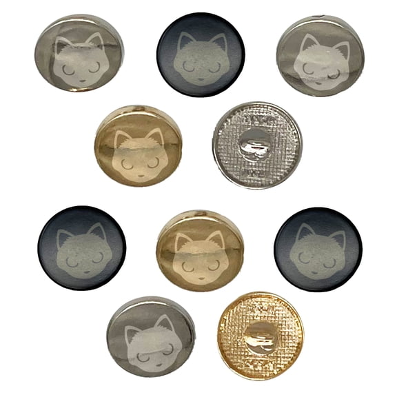 Simple Cat Head Icon Set of 10 Metal 0.6" (15mm) Sewing Shank Round Buttons - Black Color