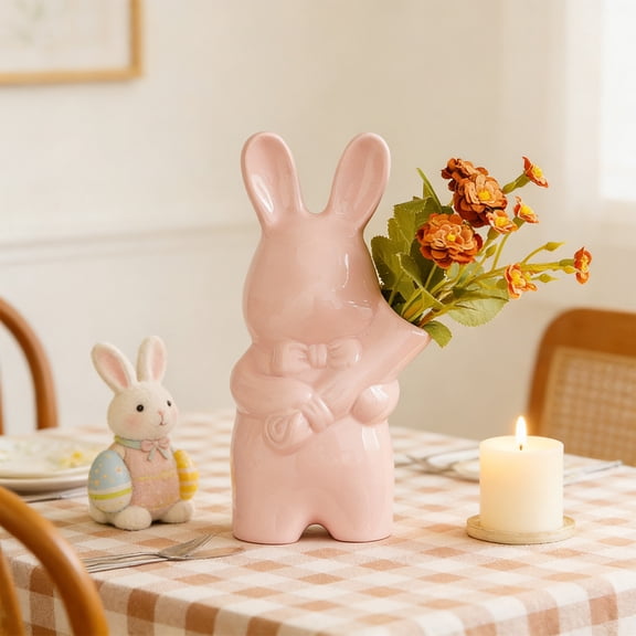 Simple Ceramic Easter Bunny Handheld Flower Vase, Pink and White Home Decor Accent, Animal Art Sculpture for Tabletop, Cute Spring Decoration Piece