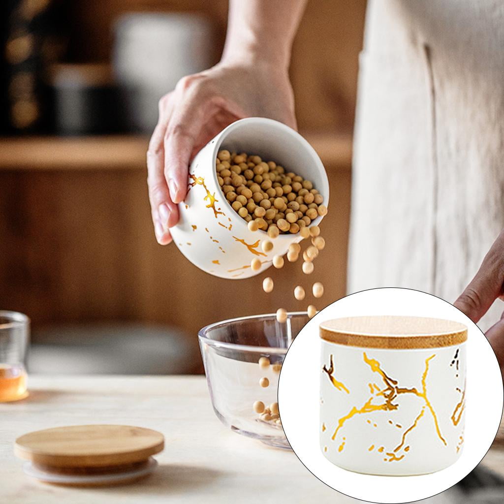 Simple Ceramic Sugar Bowl with Wooden Lid Storage Jar Home Decor Food