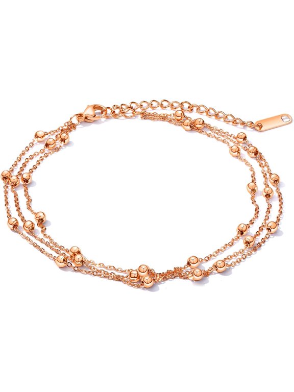 Simple Charm Anklet for Women,14k Rose Gold plating Beach Dainty Cute Tiny Adjustable Stainless steel ankle bracelets Personalized Foot chain Jewelry Gifts for Mom Wife