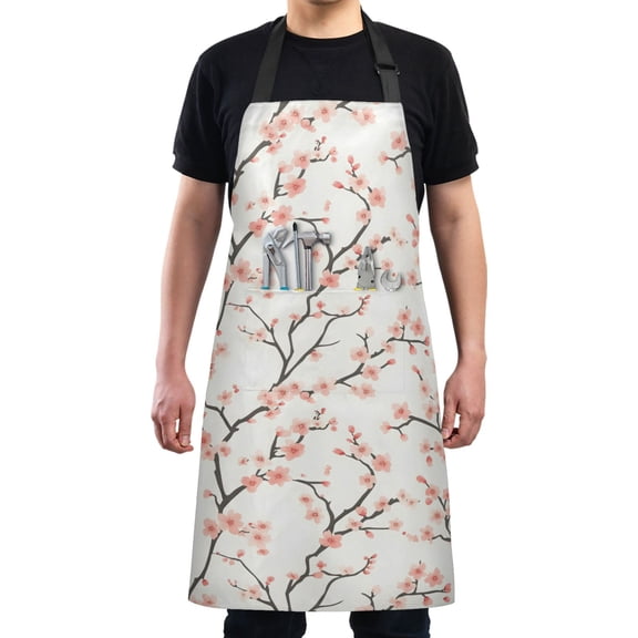 Simple Cherry Blossom Chef Kitchen Apron with Pockets for Women Waterproof Aprons for Cooking Baking