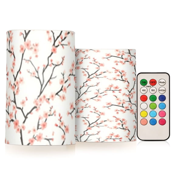 Simple Cherry Blossom Flickering Flameless Candles Battery Operated with Remote Timer LED Pillar Candles Set of 2