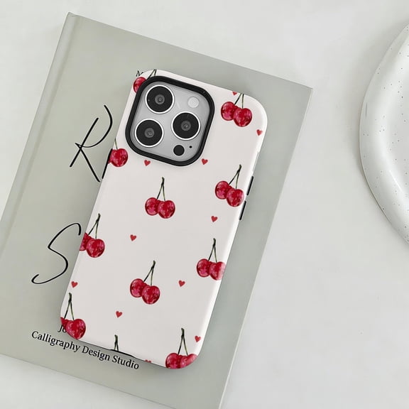 Simple Cherry Pattern Glossy Tough Phone Case, Cute Heart Design compatible with iPhone XSM (XS Max)