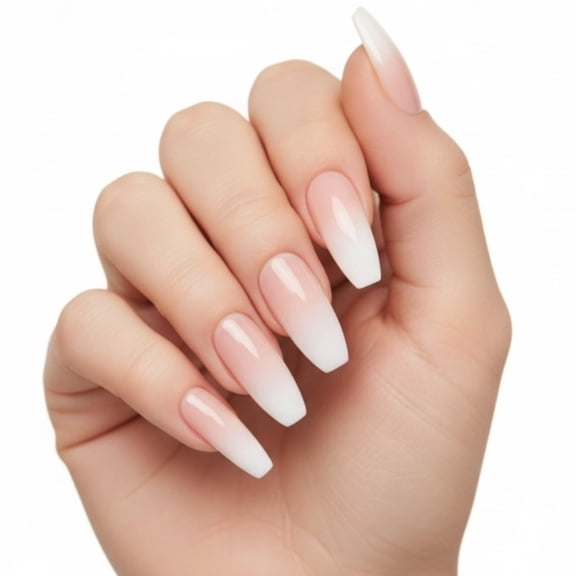 Nude Ombre White French Press On Nails, Extra Long False Tips Coffin Fake Nails, Simple Chic