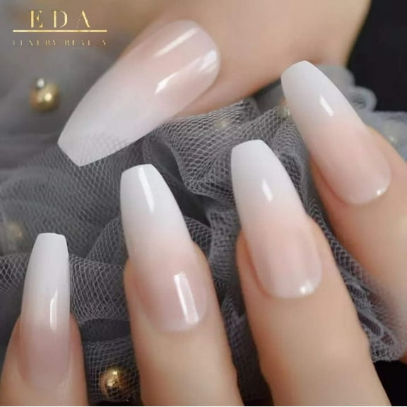 Nude Ombre White French Press On Nails, Extra Long Tips Coffin Ballerina Fake Nails, Simple Chic