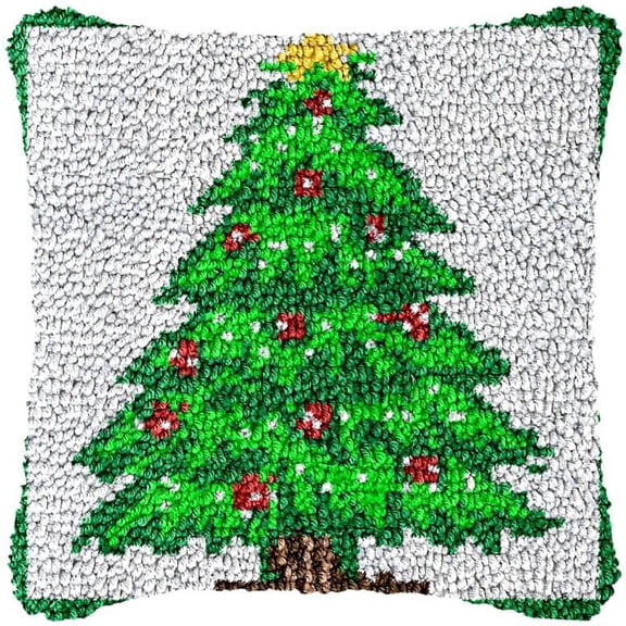 Simple Christmas Tree Latch Hook Pillow Cover Kits for DIY Handmade Throw Pillow Cross Stitch Latch Hook Pillowcase Rug Kits with Preprinted Color Pattern Canvas Crochet Yarn Kits 17''X 17''(ch163)