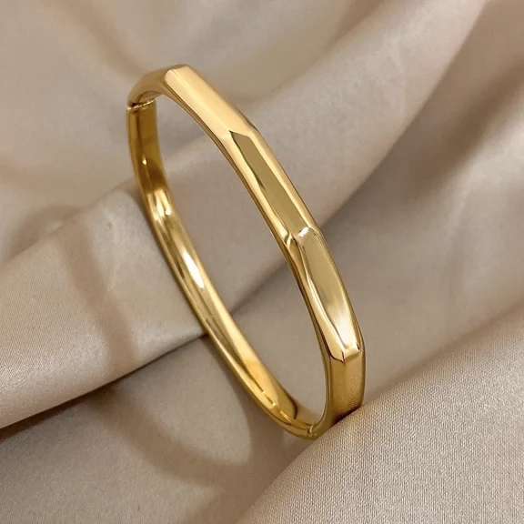 Simple Classic 14K Yellow Gold Crease Bracelet for Women Men Unisex Waterproof Cuff Wrist Bangles Stackable Jewelry Gifts