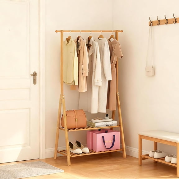 Simple Clothes Rack,Bamboo Garment Rack with 2 Storage Shelves and Hanging Ears,Portable Clothing Racks for Hanging Clothes in Bedroom Entryway Living Room