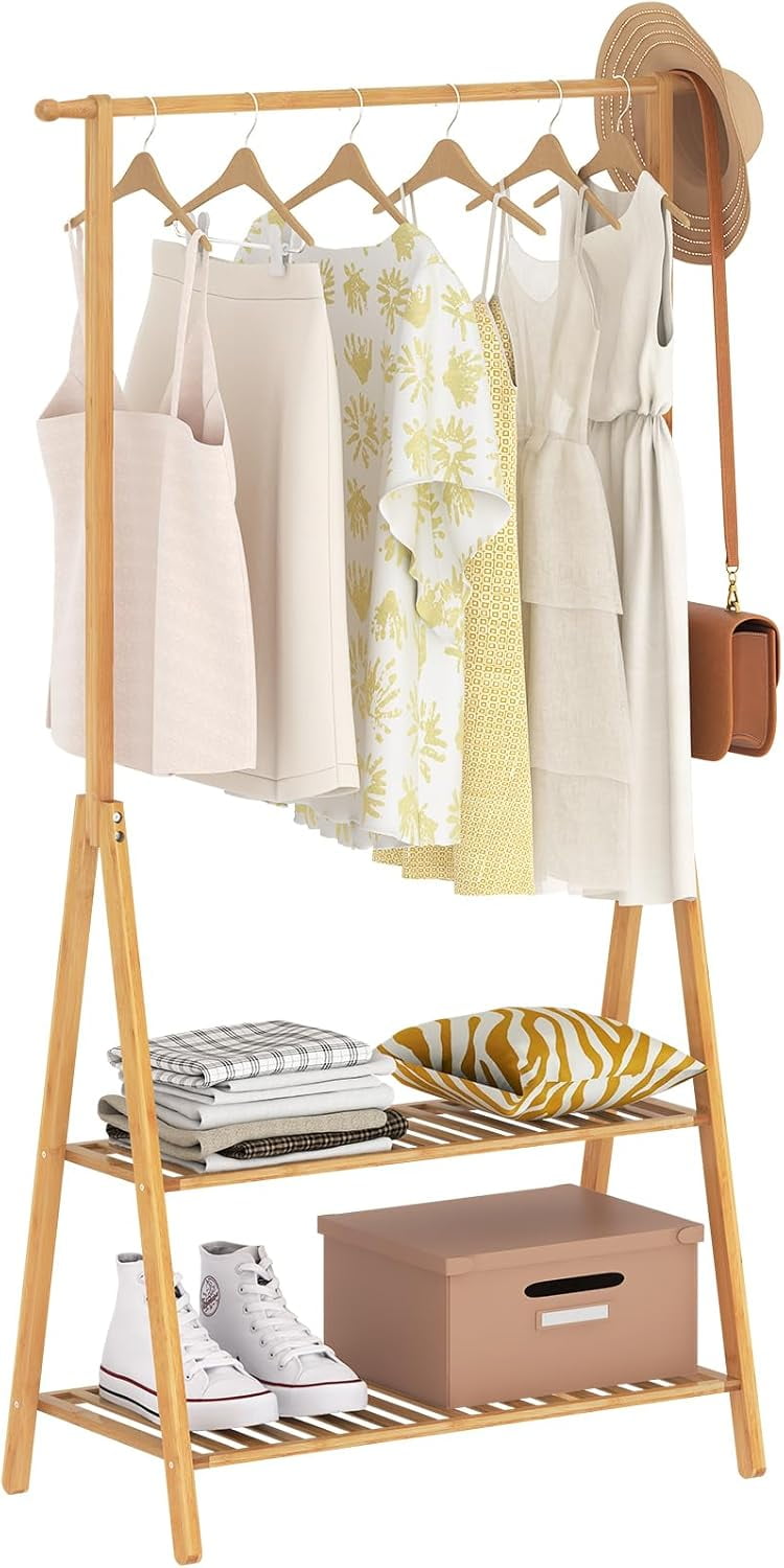 Simple Clothes Rack Bamboo Garment Rack 2 Storage Shelves Hanging Ears ...