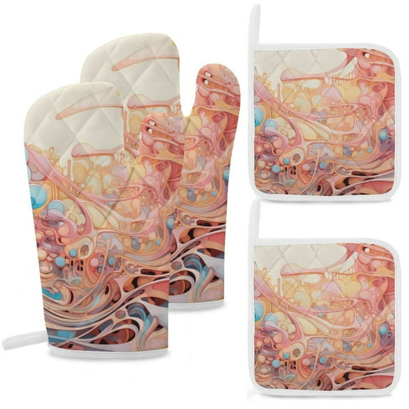 Simple Colored Ripple Insulated Gloves And Pot Mats (four Piece Set)