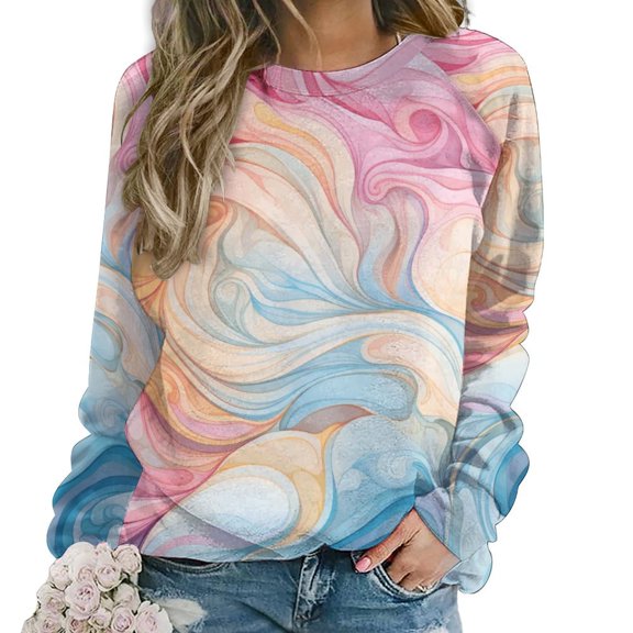 Simple Colored Ripple Women's Floral Printed Sweatshirt Long Sleeve Crewneck Casual Loose Vintage Graphic Pullover Tops