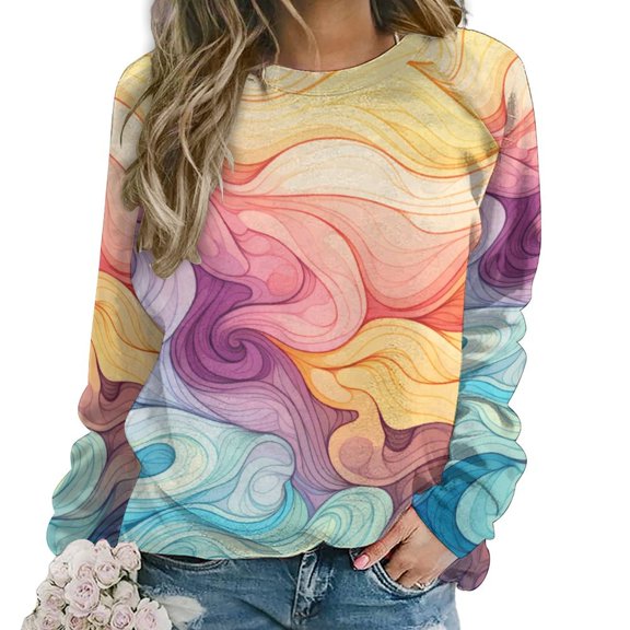 Simple Colored Ripple Womens Casual Crewneck Sweatshirt Long Sleeve Tops Cute Pullover Loose Fit