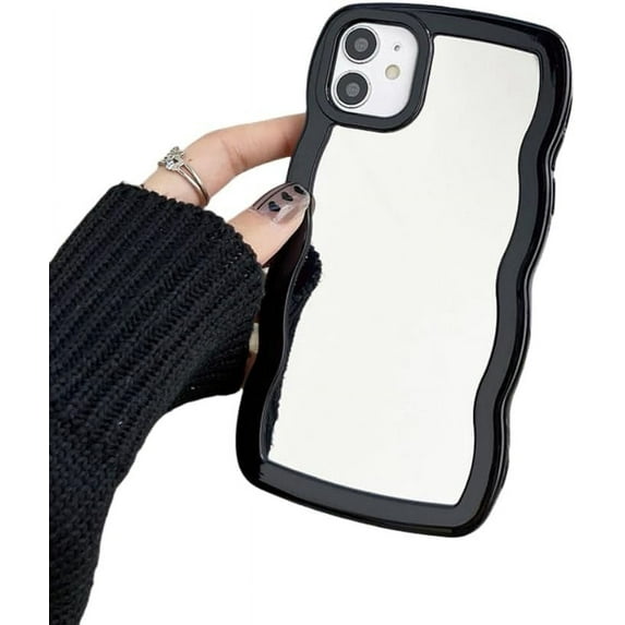Simple Colorful Complementary Mirror Phone case with Curly Border Wave Pattern, Multi-Color Options for iPhone 15 14 13 12 11 Pro Max XS XR X 7 8 Phone Cases (Black,iPhone 14 Plus)