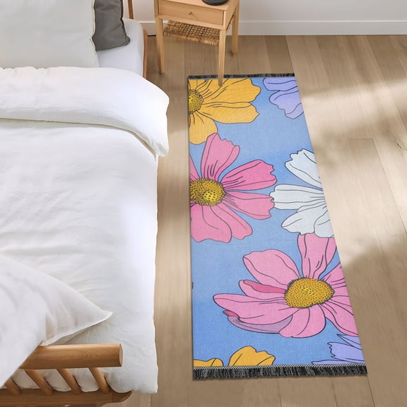 Simple Colorful Flowers Bedside Runner Rug 2'x 6' Non Slip Carpet Floor Mat Area Rug