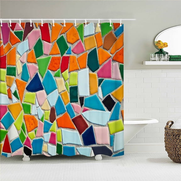 Simple Colorful Geometric Pattern Fabric Shower Curtain Bathroom Curtains Round Mosaic Waterproof Bath Screen With 12