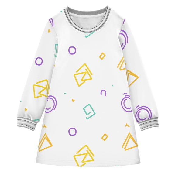 Simple Colorful Geometric Pattern Girls'long-sleeved dress Thickened A-dress Warm Dress Basic Shirt Party Dresses