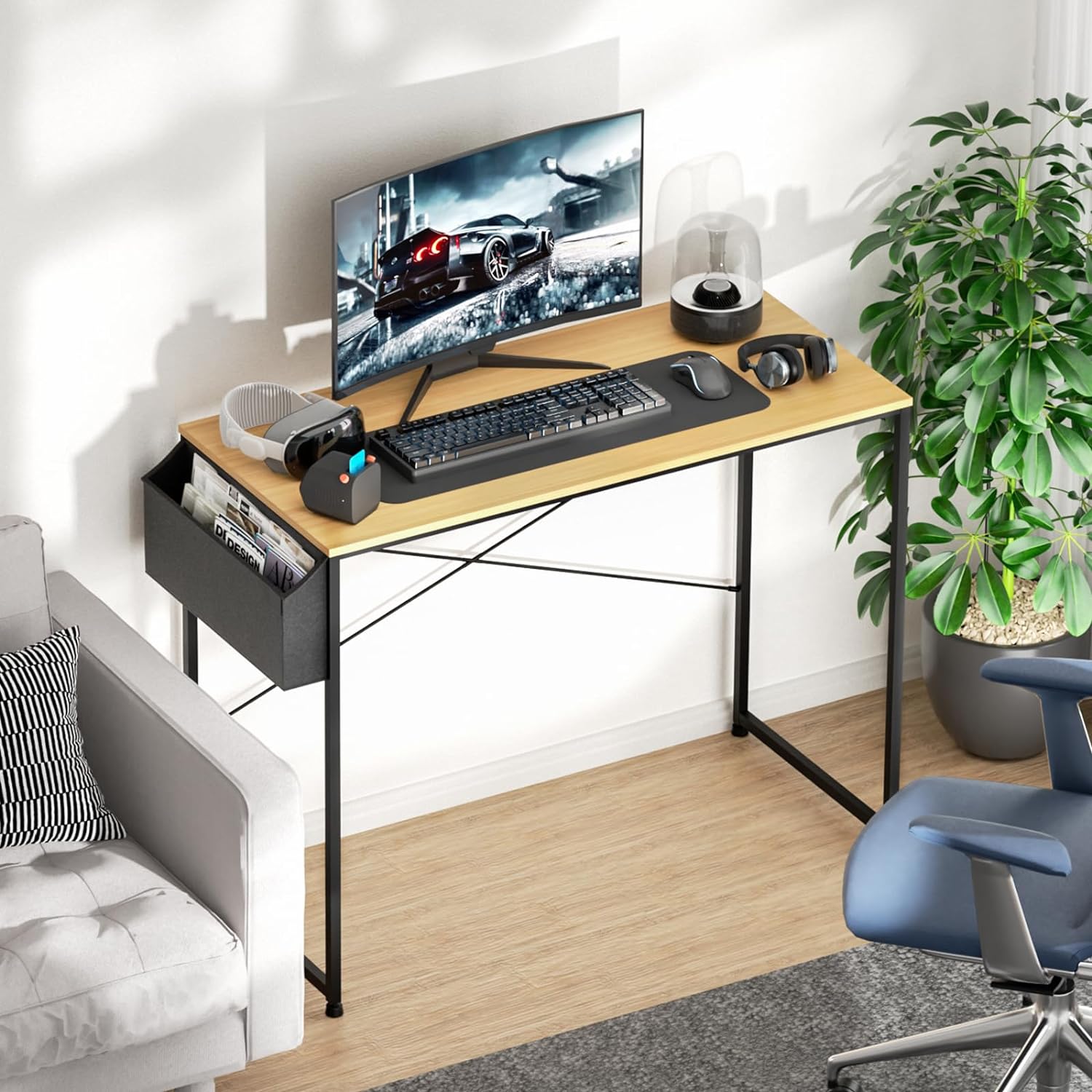 Computer Desk, Home Office Writing Study Desk With Storage Bag, Modern