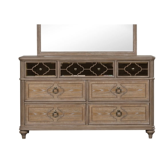 Simple Contemporary 1pc Dresser Rustic Oak Veneer Solid wood English Back Dovetail Drawers Bedroom Furniture Front Mirror Panel