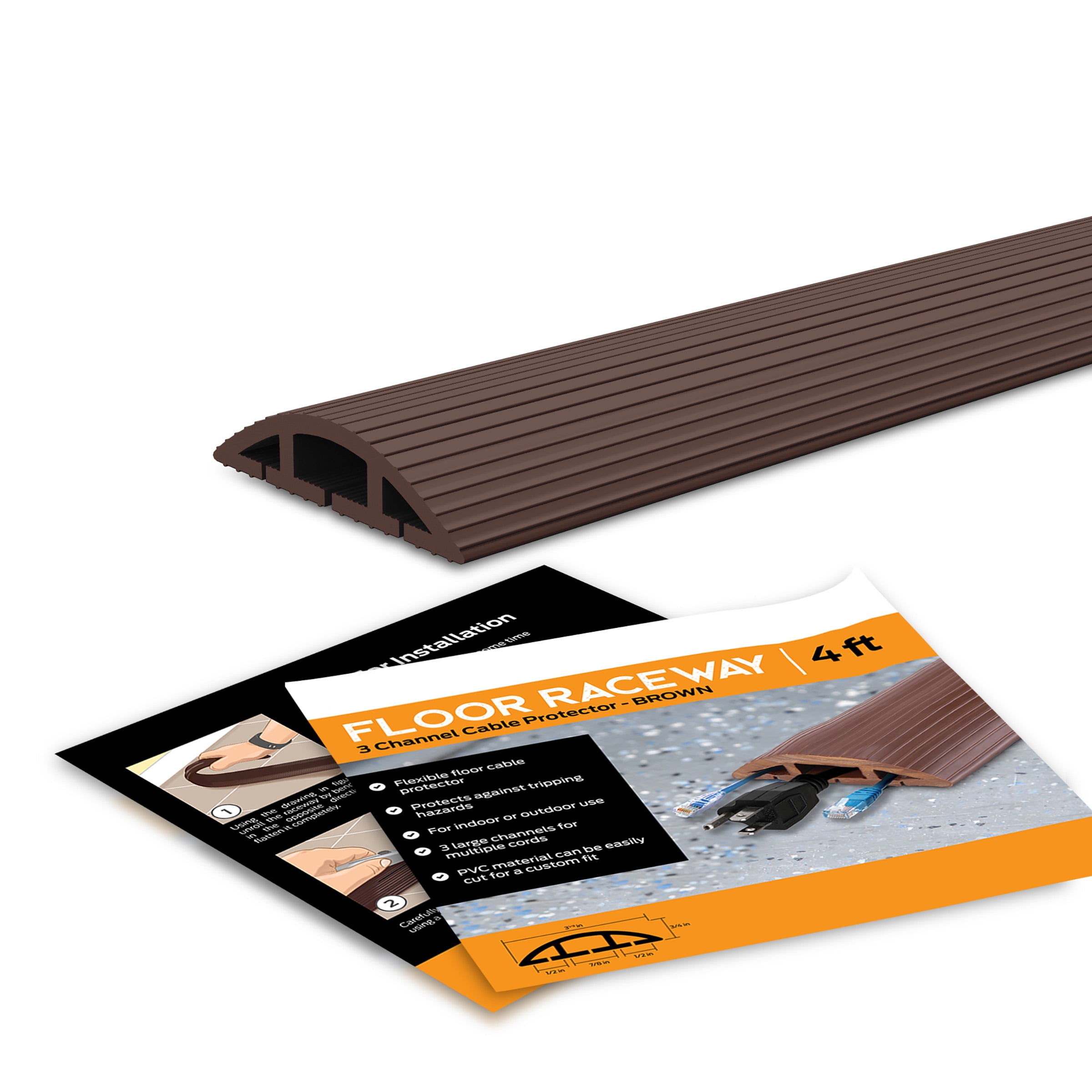 Simple Cord 4-ft PVC Cord Cover - 3-Channel Raceway for Sidewalks or Walkways by Edison Supply (Brown)