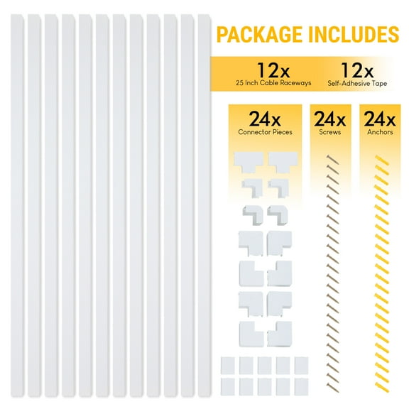 Simple Cord Set of Plastic Twelve 25-inch Wall Cable Management Covers, White