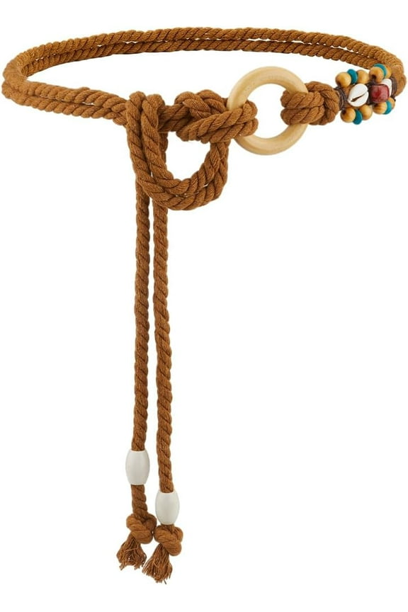 Simple Cotton Long Waist Rope Belt 55 Inch Long Women's Tassel Skinny Waist Chain Ethnic Boho Woven Belts with Wooden Beads for Jeans Skirt Dress Cloth Pants Women Ladies Coconut Brown