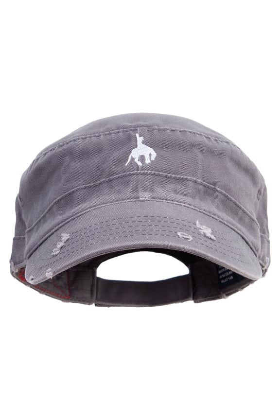 Simple Cowboy Logo Embroidered Enzyme Frayed Solid Army Caps - Grey OSFM