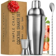 Simple Craft Stainless Steel Cocktail Shaker with Built-in Strainer, Spoon and Jigger - 24oz