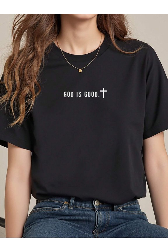 Simple Cross & "God is good" Slogan Print Short Sleeve T-Shirt, Casual Summer