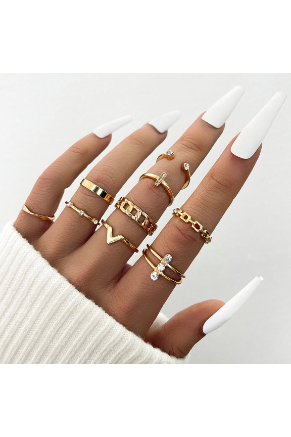 Women Ring Set 9 Piece Cross V Twist Geometric Alloy Rings With Artificial Gems Electroplated Fashion Everyday