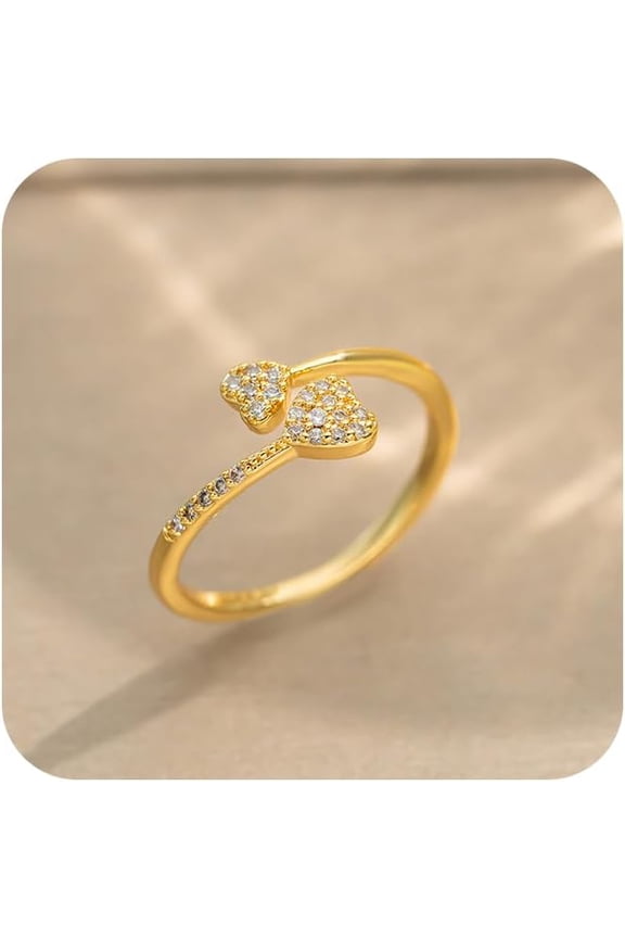 Simple Cute Double Heart Love Open Statement Engagement Ring for Women 14K Gold Plated Stacking Thin Tiny Minimalist Finger Bands Eternity Promise Stackable Adjustable Jewelry Eternity Gifts