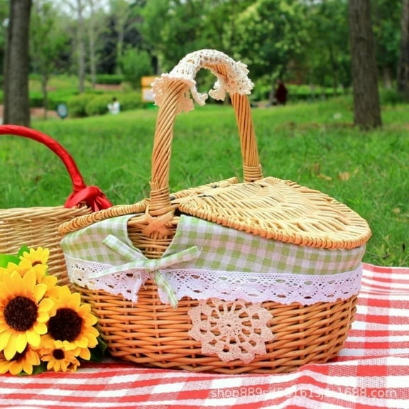 Simple Cute Wicker Carry-on Handle Storage Baskets Picnic Basket with Lid Fruit Food Basket Home Organize Accessory Small Size