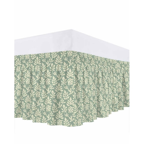 Simple Daisy Silhouette Bed Skirt California King Size 16 Inch Drop, Retro Flower Green Patterns Adjustable Elastic Dust Ruffles Bedskirt Wrap Around Pleated Mattress Frame Cover